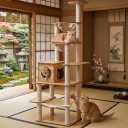 76-Inch Multi-Pure Wood-Level Cat Tree Tower with Condo, 16 Soft Plush Scratching Post,2 Space Capsule, with Cat Hammock,5-Story Perching Platform,Cat Tree for Large Cats.1115