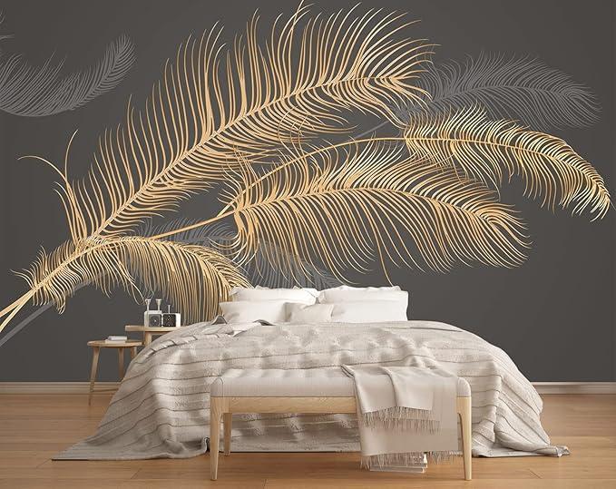 Black and Gold Feather Wallpaper Huge Banana Leaf Mural Wallpaper for Bedroom Living Room TV Background (Not Peel n' Stick)