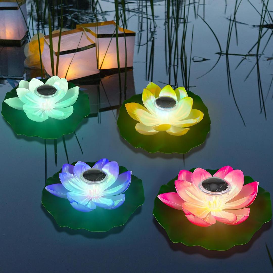  WIHOSE 4 Pcs 11 Inch Solar Floating Lotus Light Waterproof Pond Lotus Lamp Lily Flower Pool Floating Light Decoration for Garden Pond Outdoor Swimming Pool Diwali