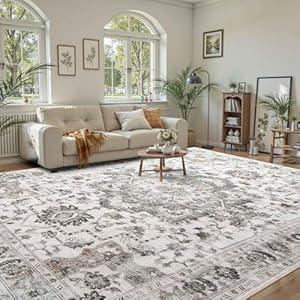 8x10 Ft Extra Large Washable Area Rugs for Living Room, Thin Floral Vintage Print Rug Non Slip Carpet for Bedroom Dining Room Kidsroom Home Decor (Beige Yellow)