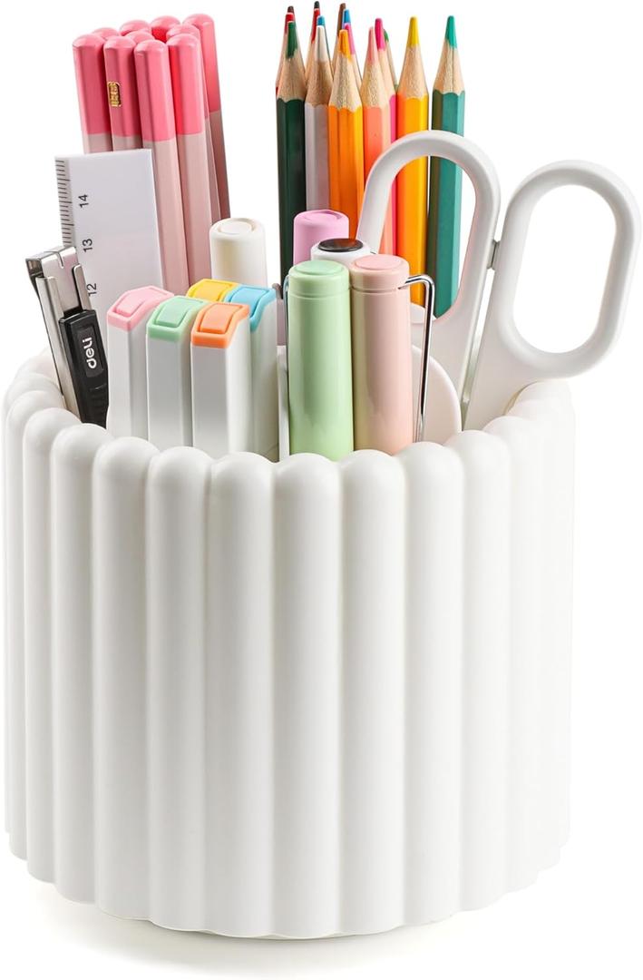 Desk Organizer, 360 Rotating Pen Holder for Desk, Pencil Cup with 7 Compartments Storage Box Caddy for Kids, Office, School, Home (White)