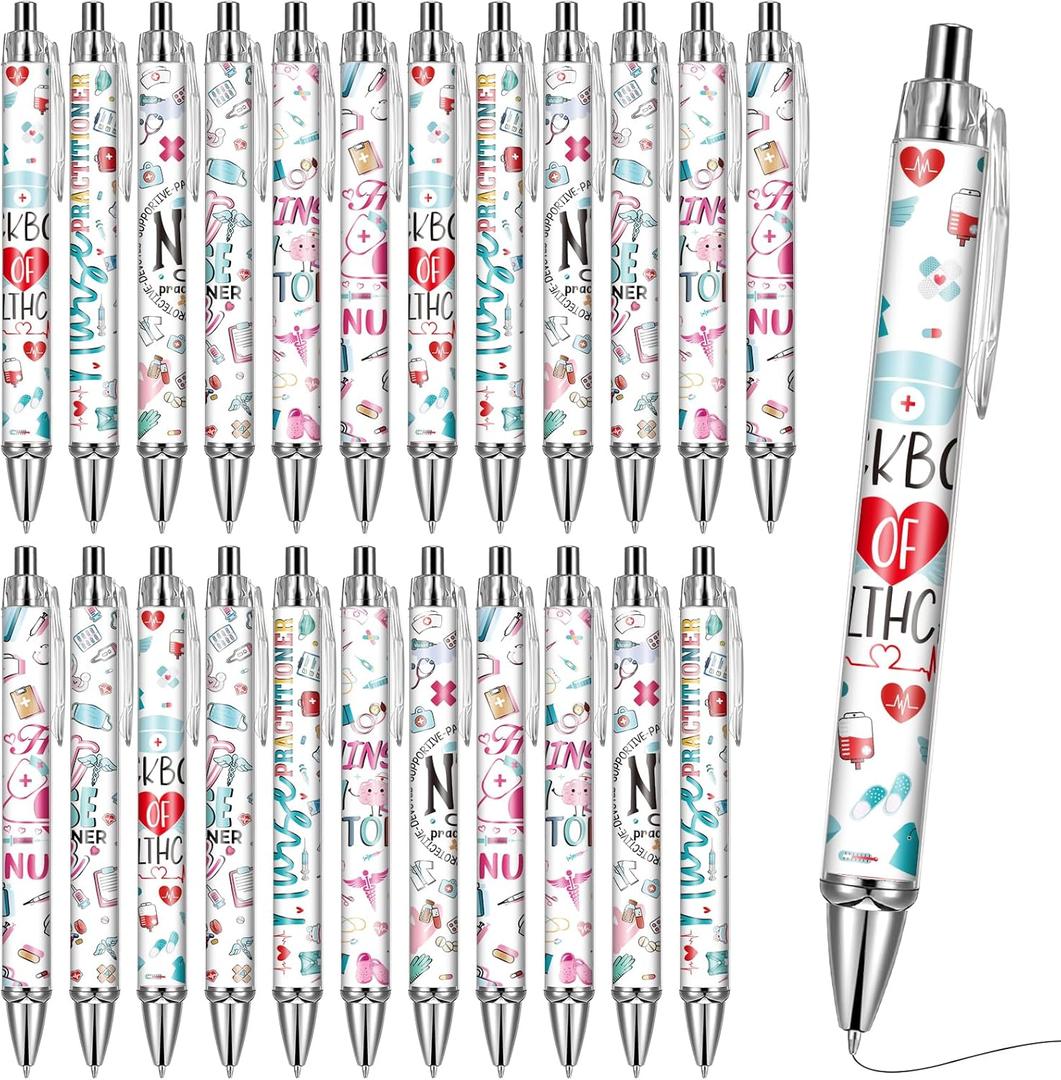 Nurse Practitioner Ballpoint Pens - 24 Pcs Doctor Retractable Black Gel Ink Ball Point Pen Fine Office Writing Essentials Supplies Set for Women Cute Nursing Week Gifts Favors for Assistant