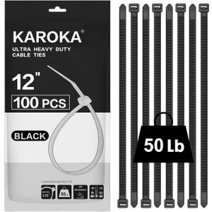 Zip Ties 12 inch (100 Pack), Black, 50 lb, UV Resistant Cable Ties for indoor and outdoor use, by Karoka (12" (100 Pack))