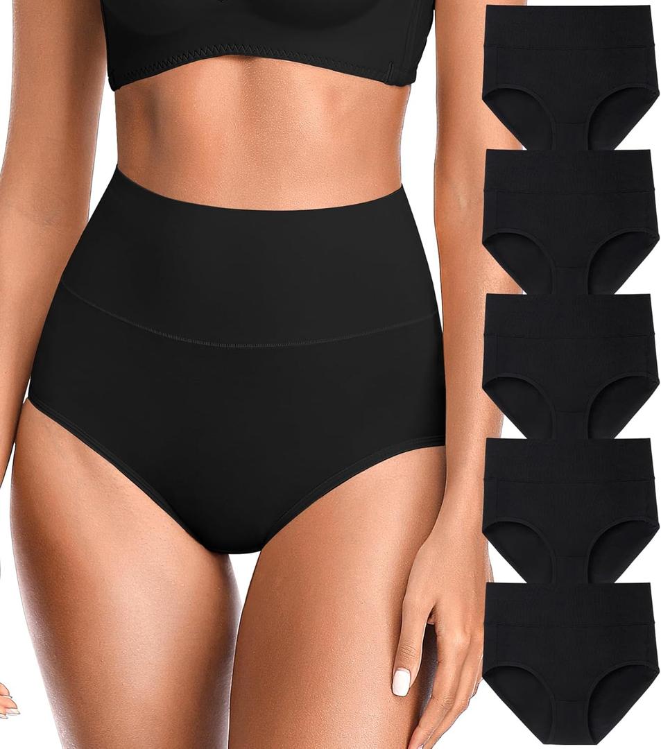 OLIKEME Womens High Waisted Underwear Tummy Control Cotton Full Coverage Ladies Panties Soft Stretch Briefs (XX-Large, Black-5 Pack)