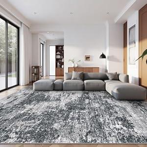 pmtsns Area Rugs 9x12 for Living Room: Washable Rug Modern Abstract Neutral Soft Non-Slip Low-Pile Indoor Large Carpet for Bedroom Dining Room Playroom Home Office (Black Grey, 9'x12')