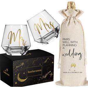 Mr Mrs Stemless Wine Glasses&Wine Bag Gift Set 15oz, Wedding or Engagement Gifts for Bride and Groom,Gifts for Bridal Shower Engagement Wedding and Married Anniversary