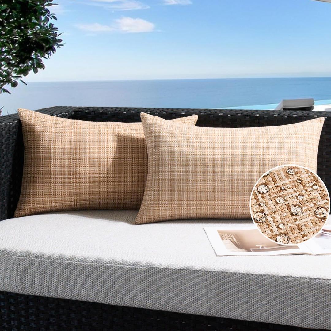 UGASA Outdoor Waterproof Throw Pillow Covers Pack of 2 Patio Water Resistant Pillow Cases Summer Woven Texture Decorative for Outside Garden Porch Yard Bench Tent 12x20 Inch, Beige