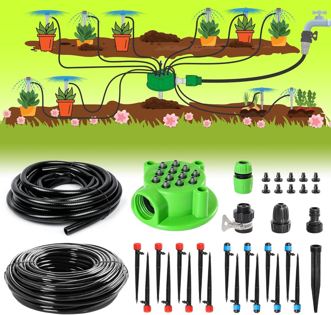 Bonviee 106.5FT Drip Irrigation Kit, Garden Watering System with 12-Port Irrigation Manifold, 1/2 inch Irrigation Tube and 1/4 inch Blank Distribution Tubing, Bed Patio, Lawn