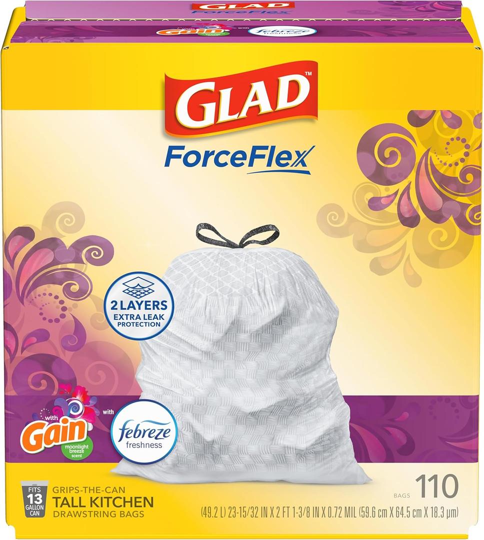 Glad ForceFlex Tall Kitchen Trash Bags, 13 Gallon, Gain Moonlight Breeze, 110 Ct 