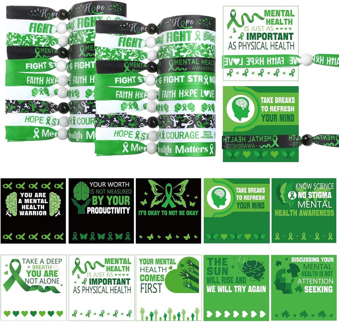 50 Pcs Mental Health Awareness Bracelets Ribbon with 50 Pcs Positive Affirmation Cards Mental Health Hope Green Ribbons Wristbands for Party Favors Fundraising Mental Health Awareness Gifts