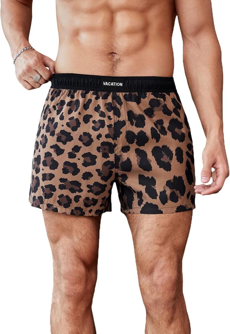 WDIRARA Men's Drawstring Waist Swim Trunks Striped Print Pocket Shorts (Medium, A Multicolored Brown Leopard)