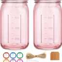 CARBLIN 2 Pack Mason Jars 32 oz, Wide Mouth Canning Jars with Airtight Lids, Glass Pint Jars with Bands Labels Brush, Large Storage Quart Jars for Jam Fermenting Preserving - Pink