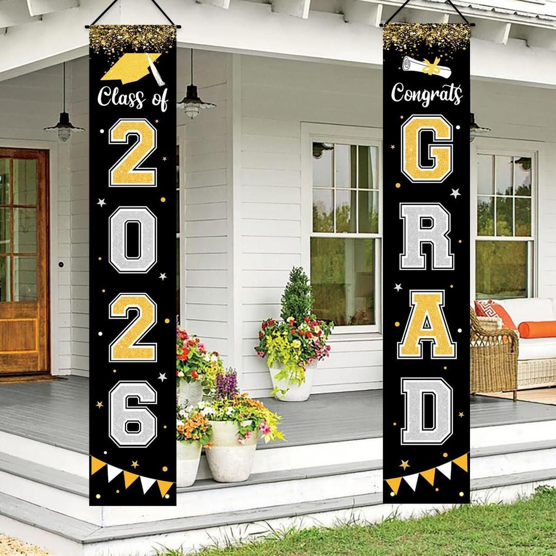Graduation Decorations 2026 GRAD Banner Black Porch Door Sign Welcome Banner For Indoor Outdoor Wall Graduation Decorations Class of 2026