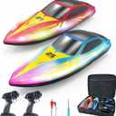 BEZGAR Remote Control Boat - 2 Packs 10 inch RC Boat with 7 LED Lighting Effects & 120 Min Playtime, 15 KPH RC Boats for Pool, Lake Fun for Kids Adults Red&Blue HJ825B
