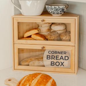 Corner Bread Box for Kitchen Countertop - New 2026 Design, Vintage Bamboo Wooden BreadBox, Large, Double Layer Storage for Homemade Bread, Sourdough, Panera, Under Cabinet Organizer