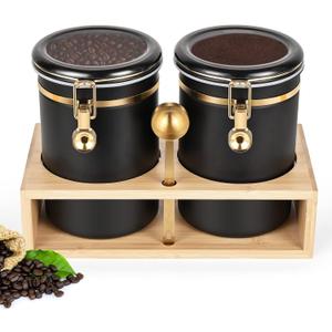 Yangbaga 304 Stainless Steel Coffee Canisters for Ground Coffee,2 x 63OZ Coffee Container with Shelf Coffee Bean Storage, Food Storage Jar with Gold Airtight Locking Clamp and Spoon for Kitchen