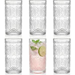 Bekith 6 Pack Romantic Drinking Glasses, 12 oz Highball Glasses, Thick Water Glasses, Tall Glass Cups for Beverages, Beer, Cocktail, Vintage Glassware Set for Dinner Parties, Bars, Restaurants