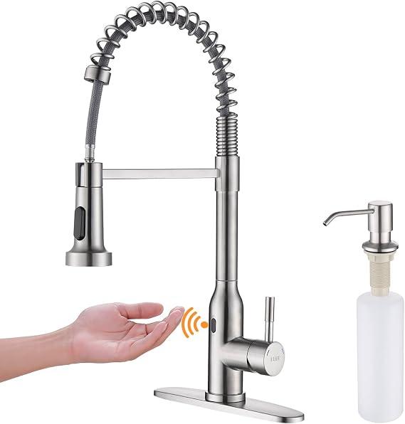 KEER Touchless Kitchen Faucet with Pull Down Sprayer, Brushed Nickel, Smart kitchen faucet retractable 15.7” hose that provides great maneuverability to make your everyday chores easier.