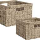 StorageWorks Wicker Storage Baskets, Large and Small Baskets, Handwoven Seagrass Basket for Organizing, Decorative Wicker Baskets with Built-in Handles, Set of 2 (11"D x 11"W x 7"H + 9"D x 9"W x 6"H)