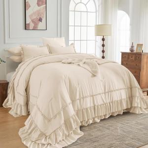 Sanracie Wheat Oversized King Comforter Sets 120" x 120", Cotton Ruffled Bedding Comforter Sets Farmhouse French Country Extra Soft Breathable Bedding Set for All Season