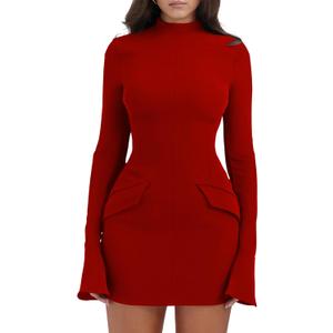 YMDUCH Women's Long Sleeve Mock Turtle Neck Bodycon Mini Tank Short Party Dress (X-Large, Red)