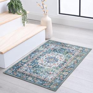 DECOMALL Welcome Door Mat 2x3ft, Washable Small Rugs Green Multi, Bohemian Vintage Foldable Throw Carpet for Entrance, 24"x36"