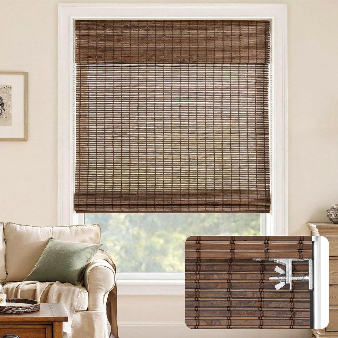 LazBlinds No Drill Bamboo Roman Shades, 38" W x 64" H, Malay Walnut | Cordless Light Filtering Natural Wood Blind, Privacy Protection, Room Darkening Bamboo Blinds for Windows