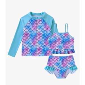Funnycokid Girls Swimsuit Kids Bathing Suit 3-7 Years Rashguard Swimwear Long Sleeve 3 Piece Toddler,5Y
