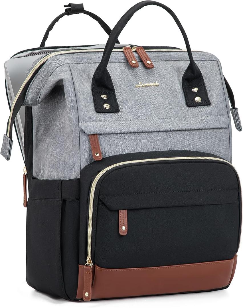 LOVEVOOK Laptop Backpack for Women, 15.6 Inch Work Business Backpacks Purse With Large Capacity, Waterproof Nurse Bag College Bookbag for School, Waterproof Casual Daypack for Travel (Black-grey-brown)