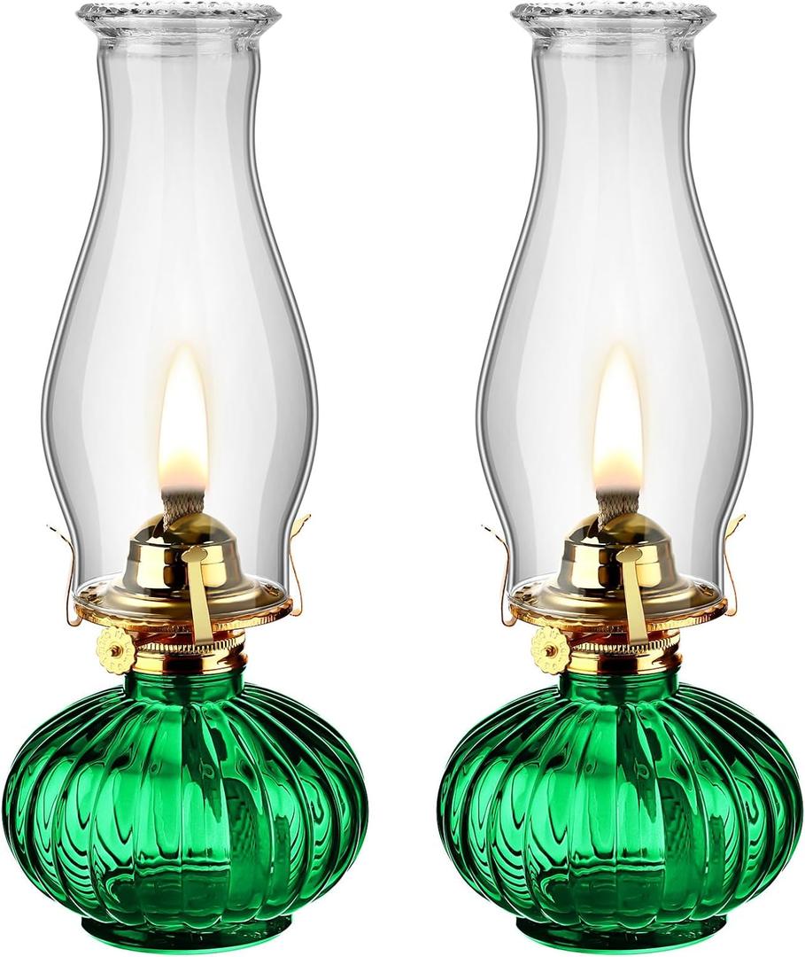 2 Set Chamber Oil Lamp for Indoor Use Classic Kerosene Hurricane Oil Lamp Glass Vintage Large Lantern with Adjustable Fire Wick for Home, 13 inch High(Green)