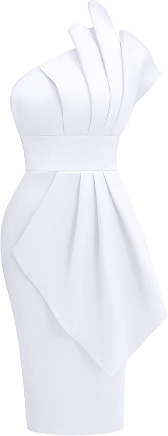 Memoriesea Women's Elegant One Shoulder Pleated Detail Bodycon Party Club Midi Dress, White, M