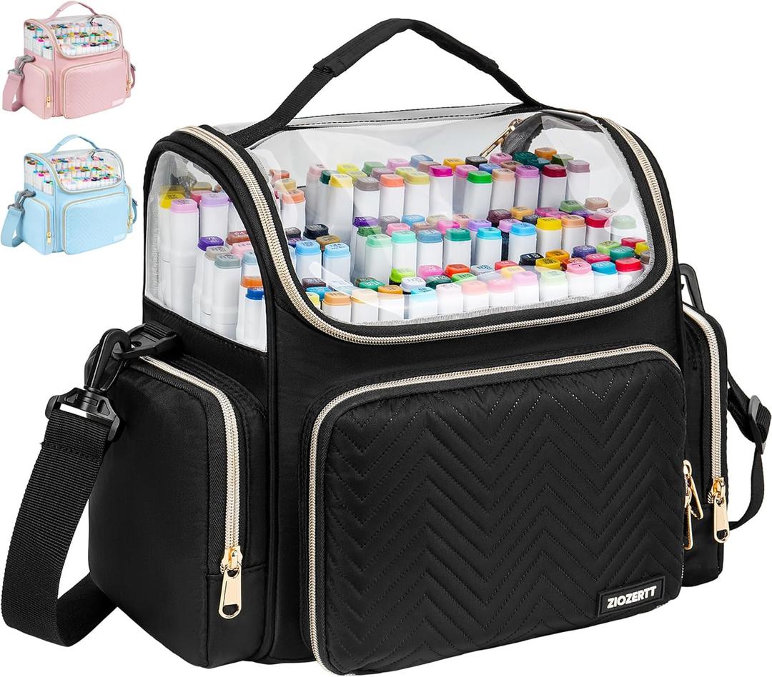 Marker Organizer Case for 180-300 Markers, Travel Marker Storage Bag with Dividers and 4 Pockets, Marker Organizer Holder for Paint Brushes, Colored Pencils and Other Art Supplies, Bag Only, Black