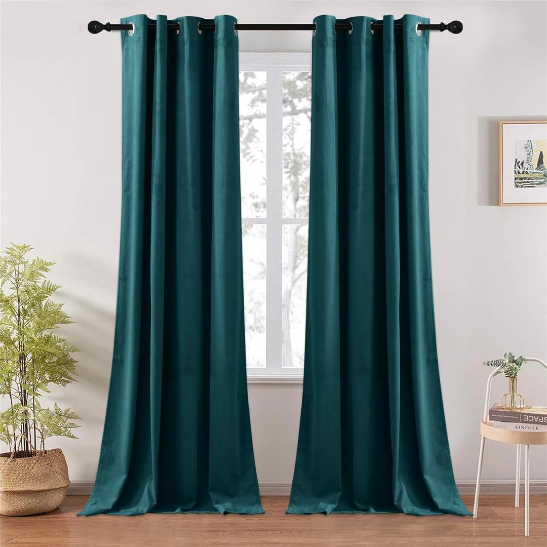 RYB HOME Teal Velvet Curtains 84 inch Length 2 Panels Set, Blackout Velvet Curtains Drapes for Light & Draft Block Holiday Decor for Bedroom Living Room Guest Room, Peacock Blue, W52 x L84 inches