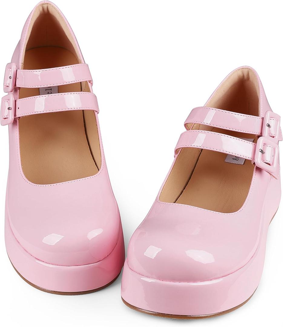 Platform Mary Jane Shoes Women Girls,Ankle Strap Round Toe Goth Chunky Uniform Dress Pumps Shoes Oxfords (8.5, Pink)