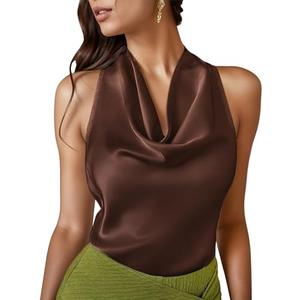 LAOTEPO Cowl Neck Halter Tops for Women Silk Satin Going Out Tank Top Trendy Summer Camisole Business Casual Blouses Outfits Brown, L