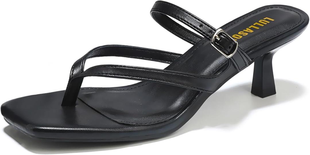 Women's Kitten Heels Sandals Flip Flops Low Heels Slip On Slides 1.8-2 Inch Heeled Square Open Toe Sandals for Women (Black)