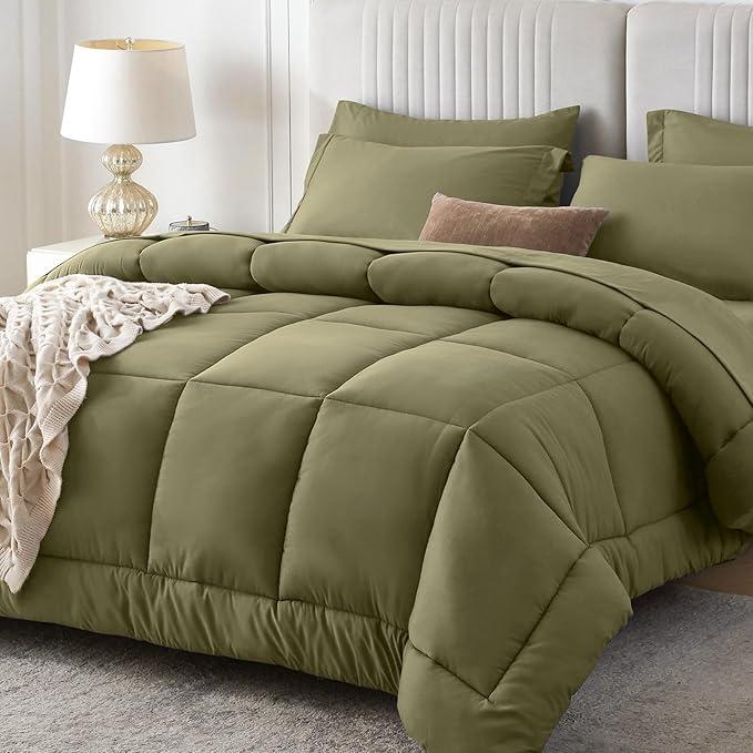 Sasttie Queen Comforter Set, 7 Pieces Bed in a Bag Queen, Complete Bedding Set Includes Comforter, Flat Sheet, Fitted Sheet, Pillowcases and Pillow Shams, Olive