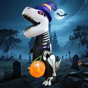 Joiedomi 8 FT Halloween Inflatables Outdoor Decorations, Halloween Blow Ups for Yard, Inflatable Skeleton Dinosaur with Pumpkin for Outside Garden Decor
