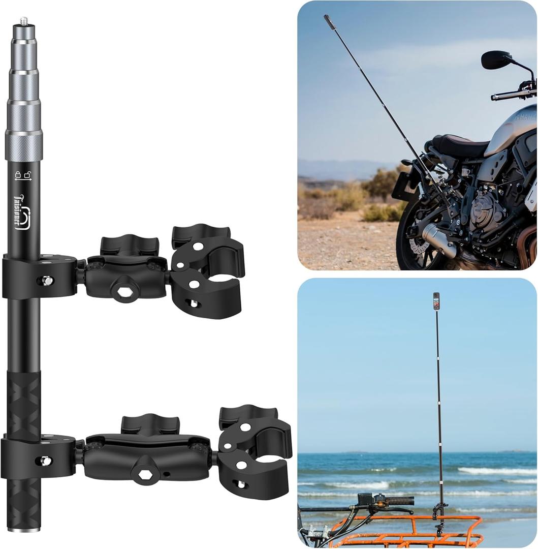 Taisioner Aluminum Alloy Motorcycle Bike Mount Double clamp with 47" Invisible Selfie for insta360 Motorcycle Mount X5/X4/X3/X2/XONE/GO2/3/Hero 13-7 (Locking Anti-Fall Version)