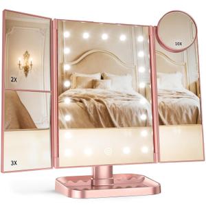 HUONUL Makeup Mirror, Vanity Mirror with Lights, 2X/3X/10X Magnification, Touch Control, Trifold, Dual Power Supply, Valentines Day Gifts for Her,Gifts for Women, Wife, Mom, Girls,Dorm Room Essentials (Rose Gold)