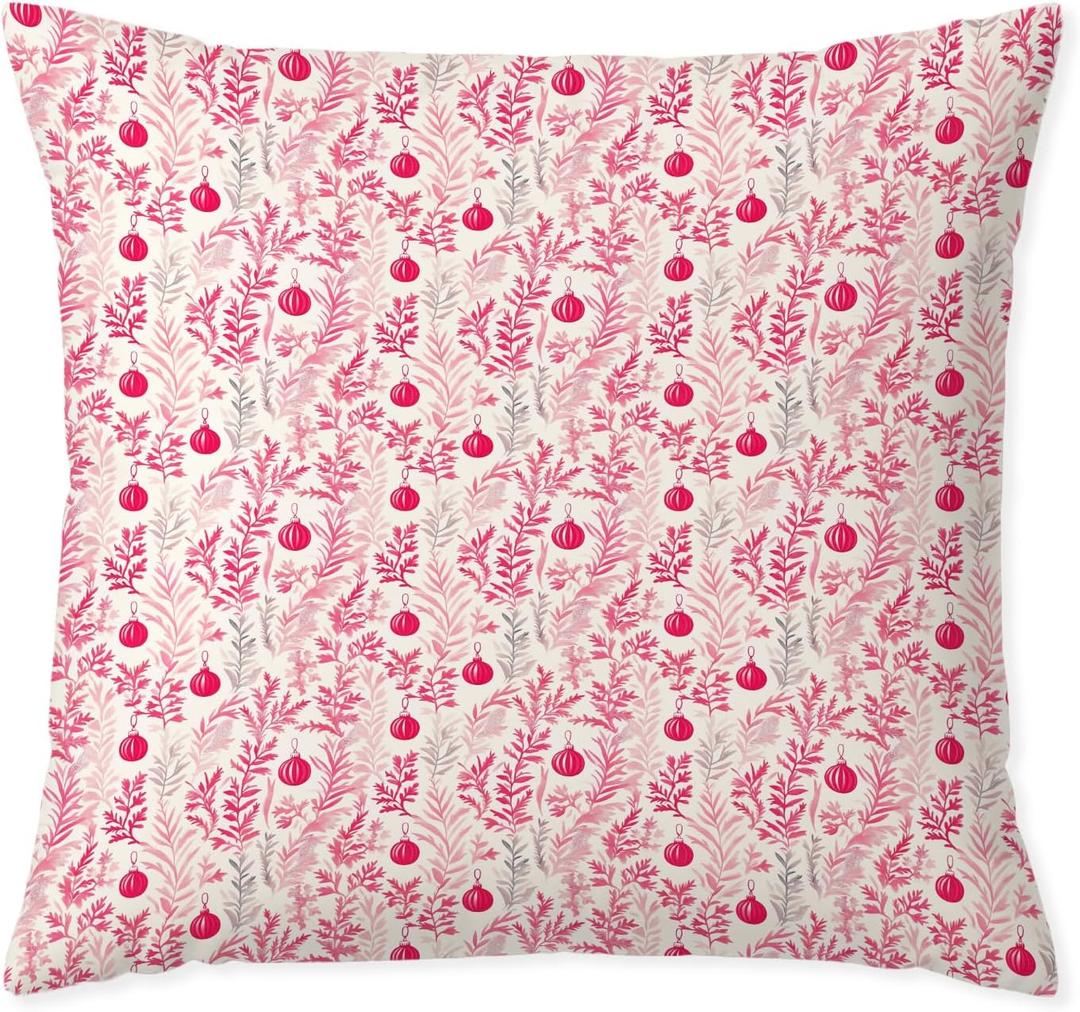 Pink Christmas Botanical Pillow Covers 18x18, Preppy Christmas Decor, Holiday Xmas Ball Ferns Pine Leaf Decorative Throw Pillow Covers for Couch Sofa Bedroom Living Room Home