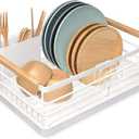 BRIAN & DANY Dish Drying Rack, Dish Racks for Kitchen Counter, Stainless Steel Dish Drainer with Removable Cutlery Holder & Drainboard, White (11.8"D x 16.5"W x 5.9"H)