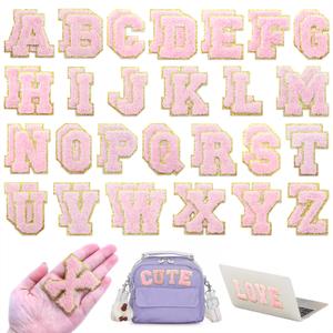 52 Pcs Chenille Letter Patches Self Adhesive Iron On for Backpacks, 2.17 Inch Glitter Letter Stickers Preppy Varsity for Clothing Jackets Hat Laptop (Pink Letters)