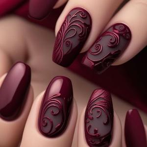 24Pcs Wine Red Press on Nails Medium Square Fake Nails 3D Embossed Floral Nail Art Retro Acrylic Nails Romantic Craft False Nail Full Cover Glue on Nail for Valentine's Women Manicure