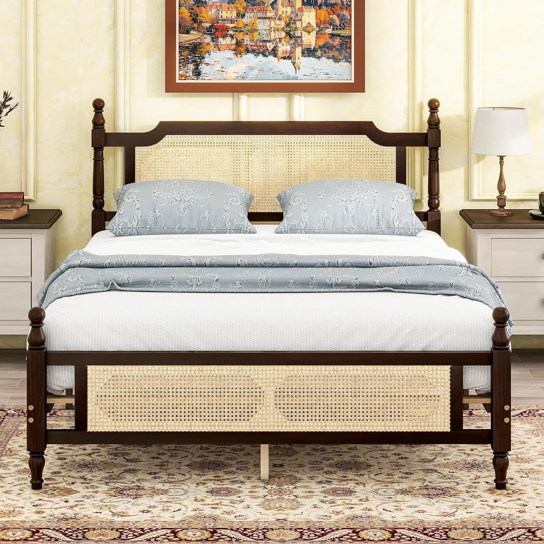 KEIKI Queen Size Wood Platform Bed Frame with Rattan Headboard  Footboard, Modern Bed with Under-Bed Storage  Central Support Feet, Slat, Easy Assembly, No Box Spring Required, for Bedroom, Espresso