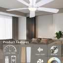 JSAITEE 52Inch Ceiling Fan with Lights and Remotes, Modern Low Profile Flush Mount Ceiling Fans,DC Reversible Motor, 3CCT Dimmable,Noiseless,Dual Finish, White 6 Speeds Ceiling Fan for Indoor/Outdoor