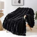 Smoofy Faux Fur Throw Blanket for Couch  Black Fluffy Cozy Rabbit Fleece, Plush Soft Bubble Blanket for Sofa & Bed, for Mom, Warm Fuzzy Home Room Decor Throw 60" x 80"