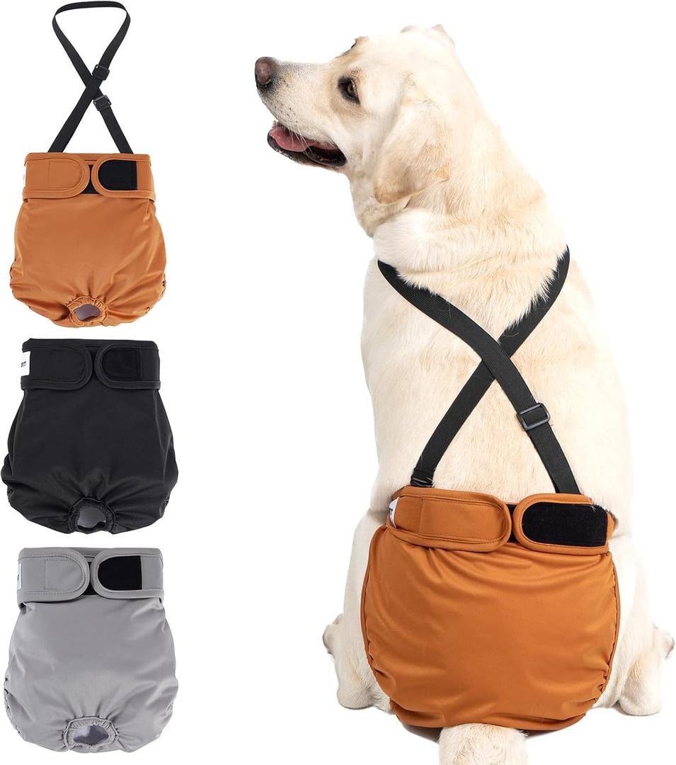 Avont 3 Pack Washable Female Dog Diaper with 1 Suspender, Reusable Girl Doggie Underwear Pants for Heat Cycle Period Incontinence Detachable Strap -Brown/Black/Grey, Large