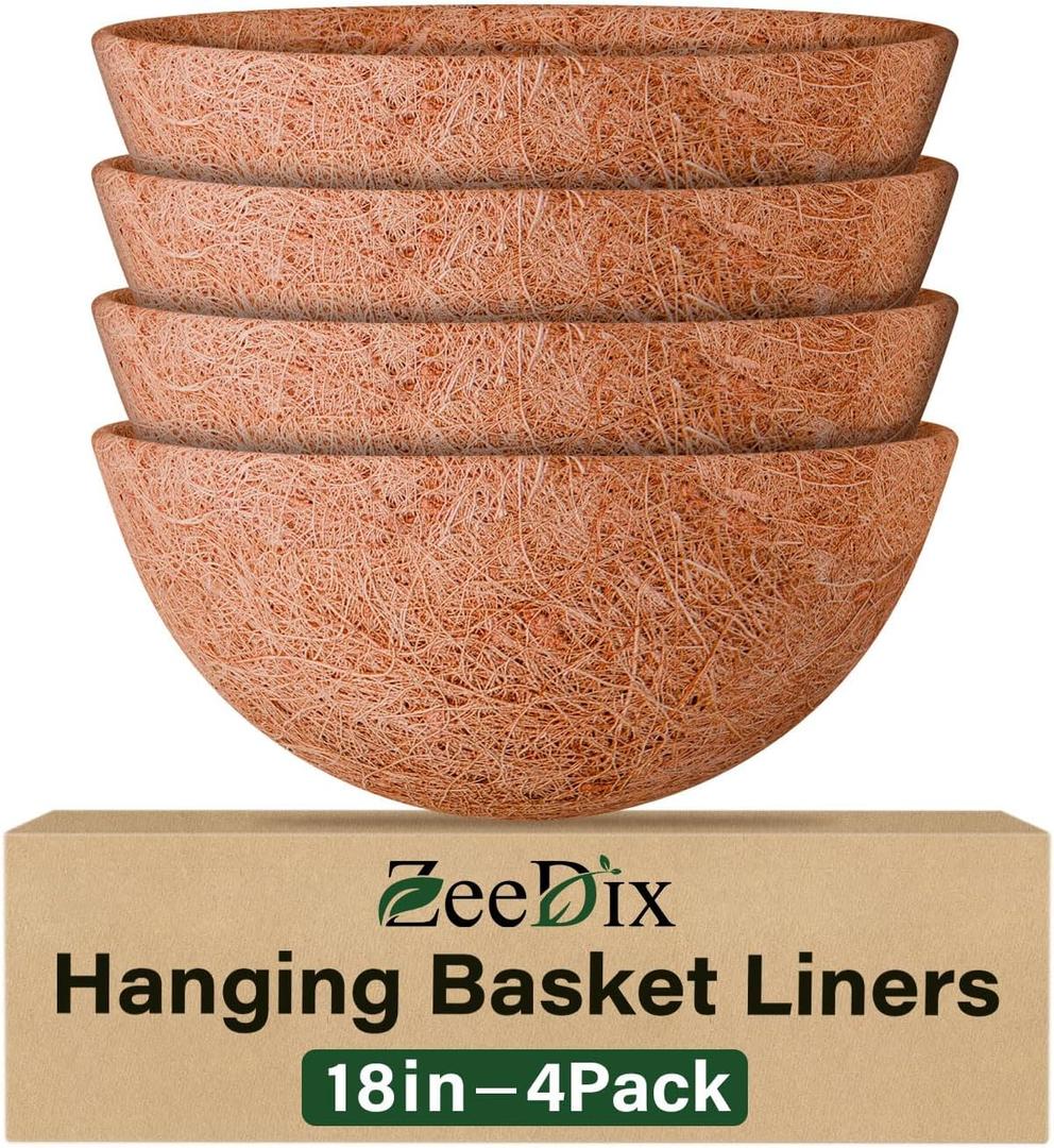 ZeeDix 4 Pack 18 Inch Coco Liners for Hanging Baskets, Round Coconut Liners for Planters Natural Coco Coir Fiber Replacement Liner for Flowers Vegetables Patio Porch Garden Decor