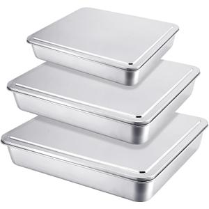 Tioncy 3 Set Stainless Steel Cake Pan with Lid 13/11/9 Inch Rectangle Sheet Baking Pan with Covers Bakeware with Lids for Cakes Breads Casseroles Fish Vegetables and More
